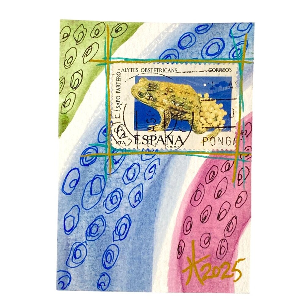 ACEO Original Art Watercolor Collage 1975 Spain Midwife Toad Postage Stamp ATC